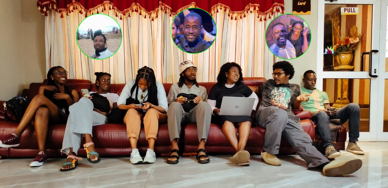 8 people sitting on a long sofa